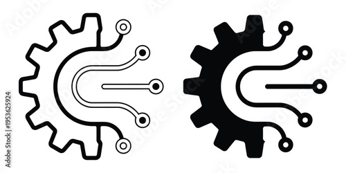 Two icons of a gear with integrated circuit lines, one outline and one solid black gears cogs
