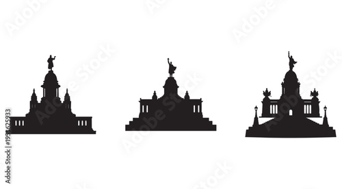 Silhouettes of three historic buildings with domes and statues on top  architectural landmarks and monuments  isolated on white background