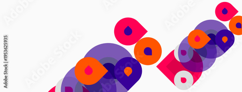 Abstract colorful circles overlap, creating dynamic visual pattern. Purple, orange, pink hues dominate composition. Modern design element.