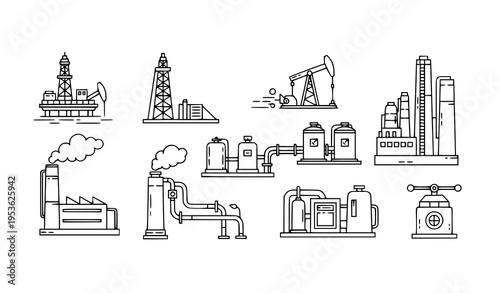 Minimalist oil and gas extraction line icons with drilling rigs pipelines refinery and industrial plants vector set