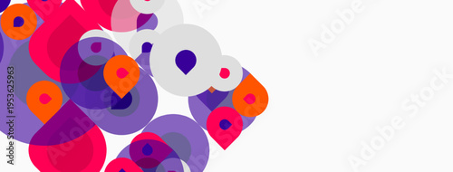 Abstract colorful circles overlap, creating dynamic composition. Pink, purple, orange hues dominate white background. Modern design element.