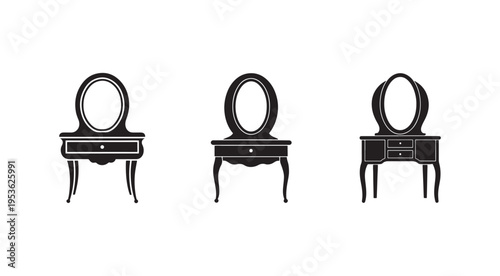 Three black and white illustrations of antique vanities with oval mirrors and drawers on white background  furniture designs