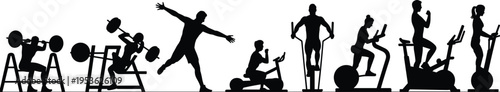 Fitness gym silhouettes with people exercising, weightlifting cardio training equipment, black vector illustration set for healthy lifestyle, workout routine and sports concept