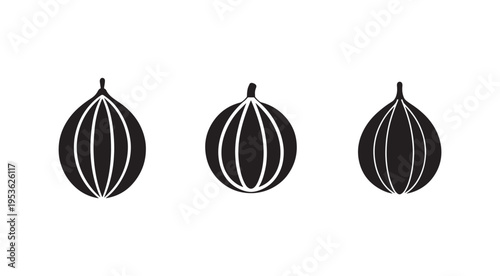Three black and white onion silhouettes with white lines on plain white background