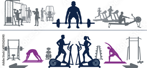 Gym fitness illustration with people training on equipment, weightlifting cardio and workout exercises, modern vector design for healthy lifestyle, sport and body training concept