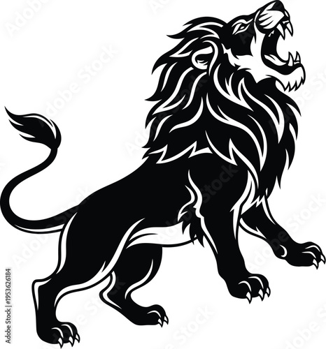 A majestic lion standing proudly with its mouth open