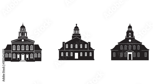Three black and white silhouettes of old buildings with towers and domes on white background  architectural illustrations
