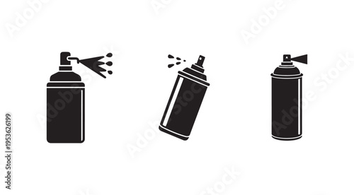 Three black and white spray paint cans with different spraying positions  isolated on white background