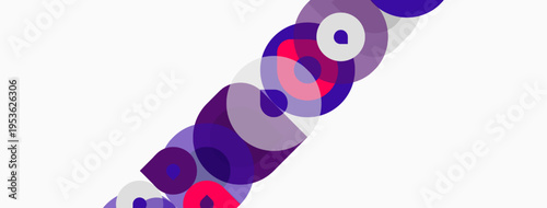 Abstract composition featuring overlapping circles. Purple, red, pink hues dominate white background. Diagonal arrangement creates dynamic visual flow.