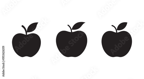 Three black apples with leaves on white background  simple fruit icons