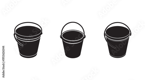 Three black buckets with handles in different positions on white background  illustration
