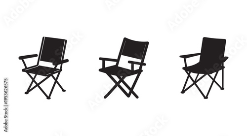 Three black folding directors chairs with armrests in different angles for outdoor events and film sets