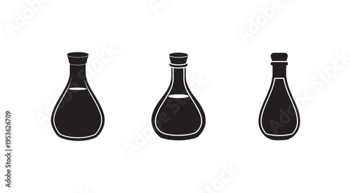 Three black laboratory bottles with white outlines on white background  chemical containers  science equipment  laboratory glassware