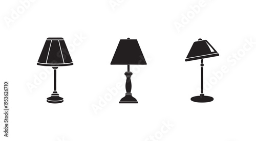 Three black lamps with different shapes and sizes on white background for home decor and lighting ideas