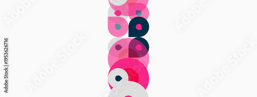 Abstract composition. Overlapping circles create letter i. Pink, purple hues dominate white background. Minimalist design.