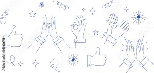Set of hand gestures thumbs up, high five, okay sign, and clapping, with festive elements.