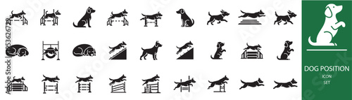 Set of 27 Dog Position Icons Vector - Black and White Silhouette Illustrations for Pet Care, Training, and Agility Designs