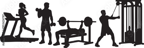 Black silhouette icons showing various people working out with gym equipment on a white background