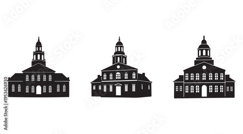 Three black silhouettes of buildings with towers and windows  architecture design elements  isolated on white background