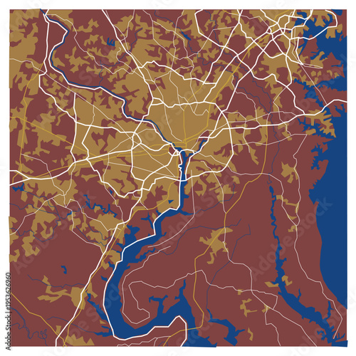 Stylized vector map of Washington DC United states showing urban districts, major road networks, waterways, and surrounding landscape in a modern abstract cartographic design.