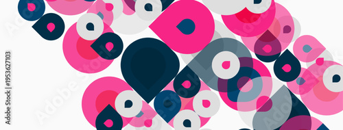 Abstract composition featuring overlapping circles. Pink, blue, gray hues create dynamic visual texture. Modern design, simple shapes.