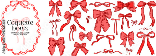 Cute pink and red ribbon bow vector set for a coquette tie. This gift illustration is drawn with a whimsical style. Use this doodle for lace decor