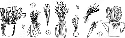 Bow whimsical floral ribbon coquette flower spring drawn design line vector for wedding and cards with soft style. Pink sketch illustration wreath vintage icon doodle for decor or branding