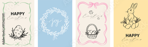 Whimsical Easter frame with ribbon bow and bunny illustration. Floral spring border in pastel pink, ideal for coquette-style wedding cards and vintage cottage decor designs