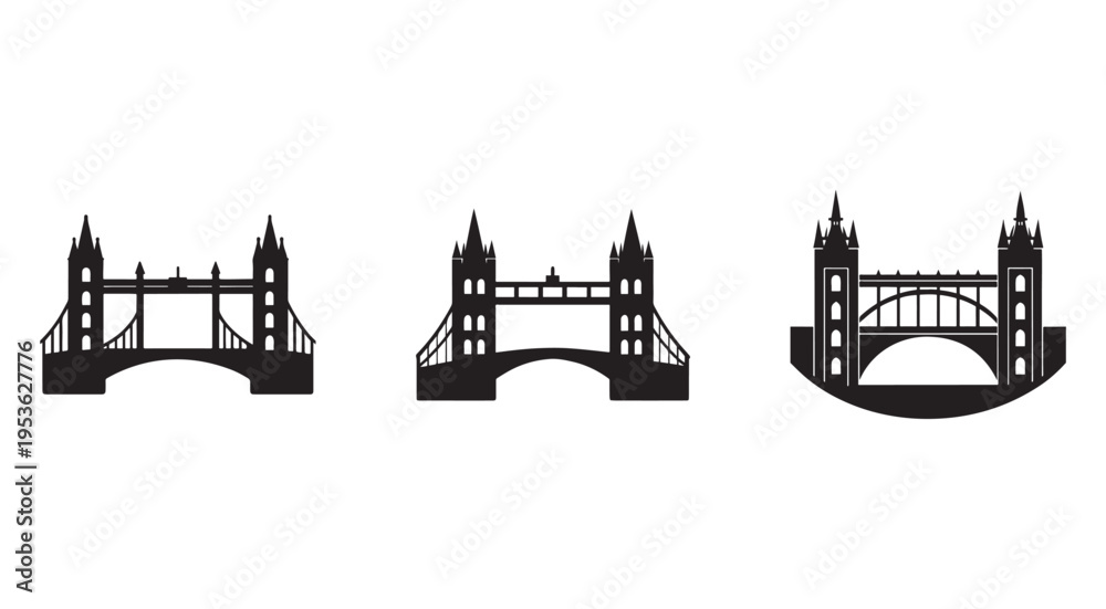 Fototapeta premium Tower Bridge London silhouettes set iconic landmarks in various views England UK travel and tourism concept