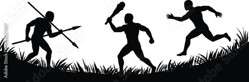 Primitive human silhouettes with weapons running in action, ancient tribal hunters scene, black vector illustration for evolution, survival, history and prehistoric lifestyle concept