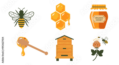 Honey bee and honey icons set 5.