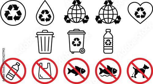 Recycling and environmental protection icons set, waste management symbols with prohibition signs, black vector illustration for ecology, sustainability, pollution control and green awareness