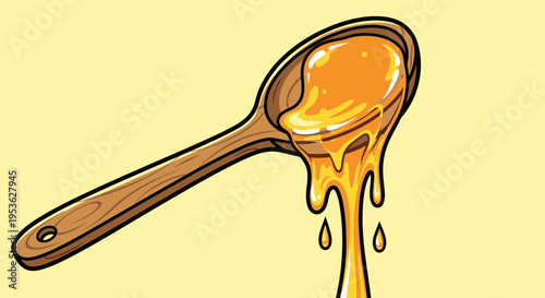 Honey dripping from wooden spoon.