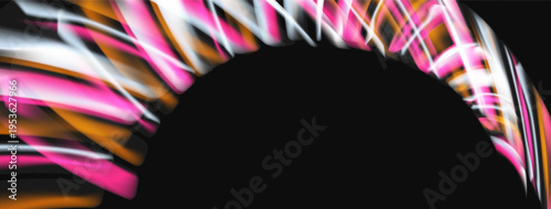 Abstract light streaks form curved shape against black background. Vivid colors create dynamic visual effect.
