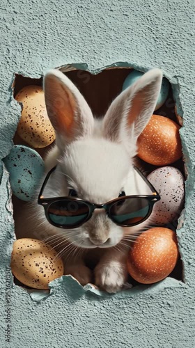 Cool Easter Bunny with Sunglasses and Eggs. Easter Bunny peeking out of a hole with chocolate easter eggs on pastel wall banner