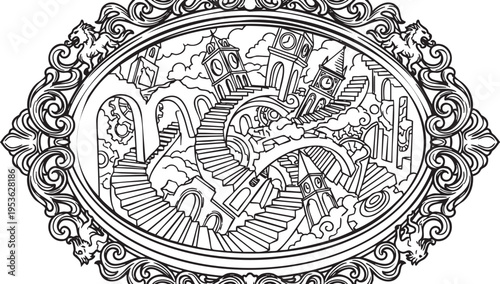 Intricate fantasy dreamscape with impossible staircases and ornate clock towers within a decorative vintage frame for creative coloring
