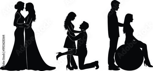 Romantic couple silhouettes set, love relationship scenes including proposal wedding and disability support, emotional connection vector illustration, human bonding concept design