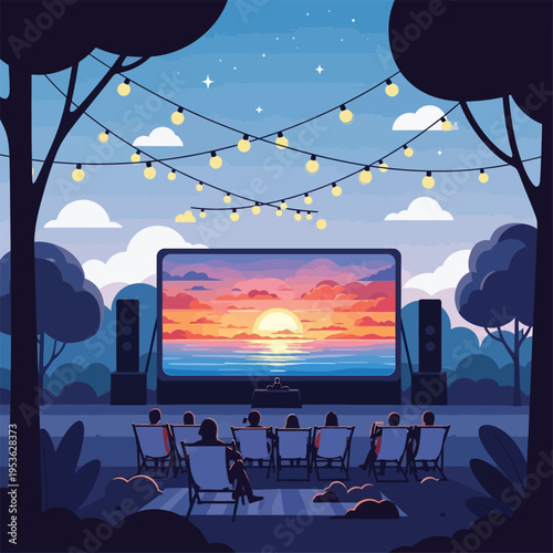 People sitting in front of a large screen in the park