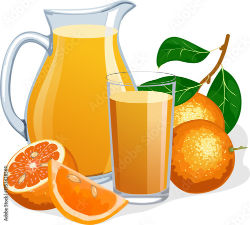 Juice in a decanter from ripe oranges.Color vector illustration with juice in a carafe and oranges on a transparent background.