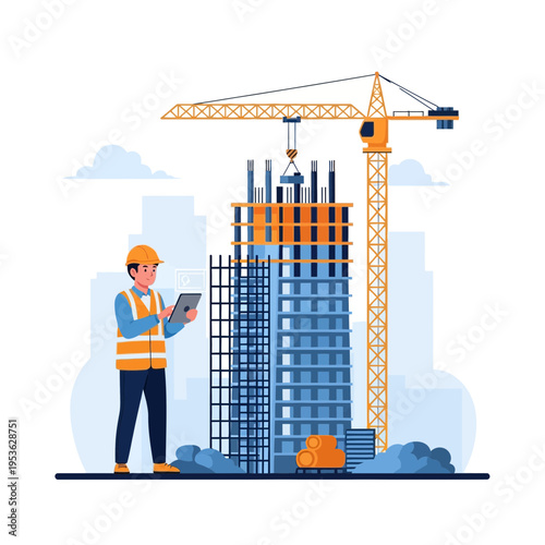 Civil engineer using a tablet to supervise a high-rise building construction project with a crane