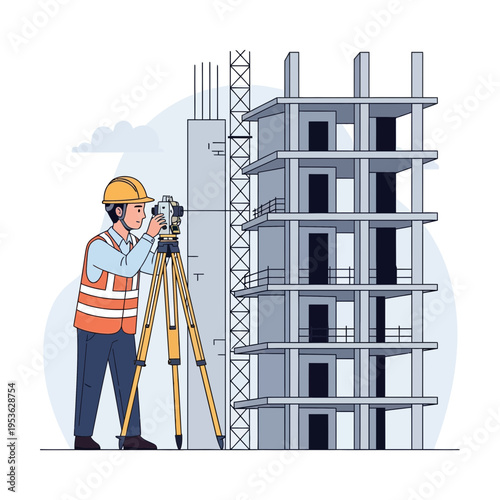 Civil engineer measuring construction site with surveying equipment in front of new building structure