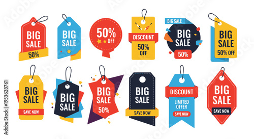 Collection of colorful sale discount tags.