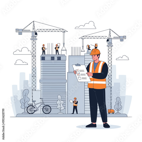 Civil engineer inspecting construction site safety checklist with buildings and cranes