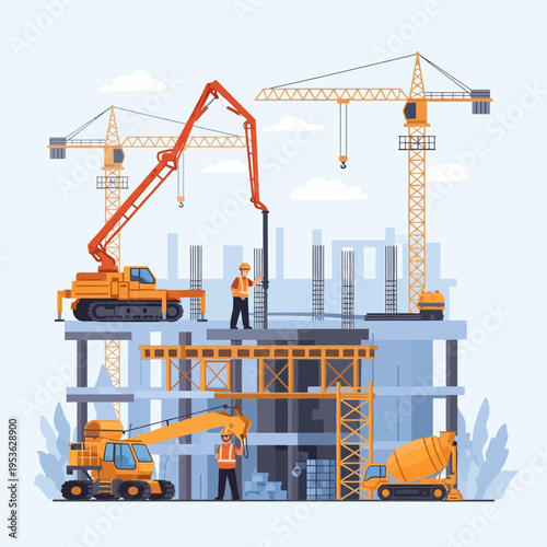 Construction site with workers operating heavy machinery and cranes building a modern structure
