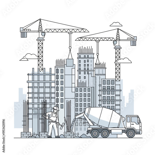 Construction worker pouring concrete with cranes and buildings in urban development