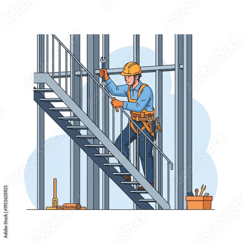 Construction worker in safety harness installing stairs with wrench at building site