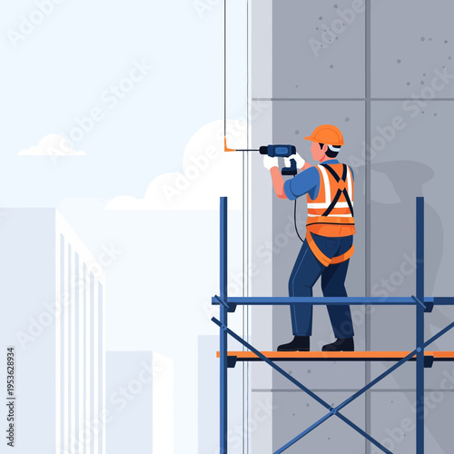 Construction worker in safety gear uses a drill on scaffolding against a modern building facade