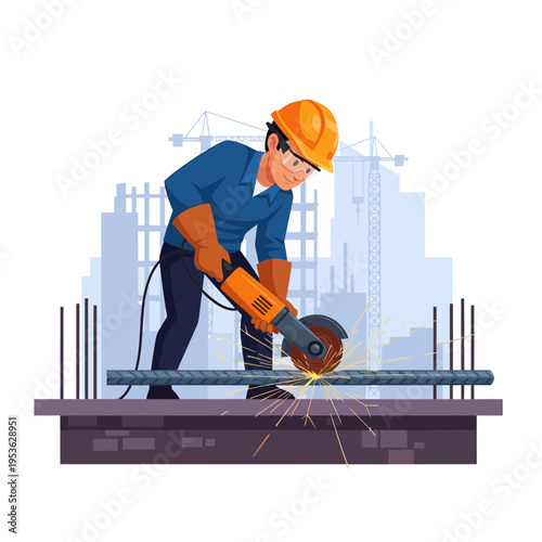 Construction worker using an angle grinder to cut metal rebar with sparks flying and buildings in the background.