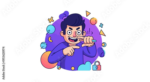 A cartoon boy with a mischievous grin pranks with a pen, surrounded by colorful shapes and symbols on April Fools' Day