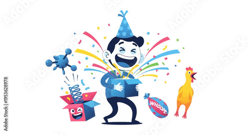 A cheerful cartoon character in a blue party hat celebrates April Fools' Day with colorful confetti and decorations